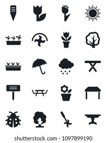 Set of vector isolated black icon - umbrella vector, sun, flower in pot, ripper, tree, lady bug, seedling, rain, plant label, picnic table, tulip