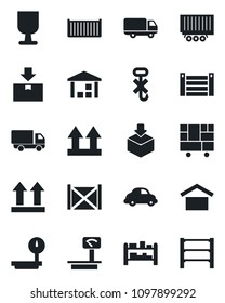 Set of vector isolated black icon - truck trailer vector, cargo container, car delivery, consolidated, fragile, warehouse storage, up side sign, no hook, package, heavy scales, rack