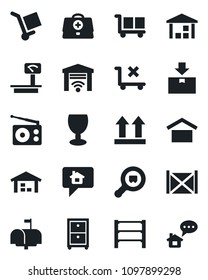 Set of vector isolated black icon - doctor case vector, container, fragile, cargo, warehouse storage, up side sign, no trolley, package, heavy scales, search, rack, radio, archive box, mailbox