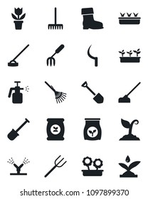 Set of vector isolated black icon - job vector, flower in pot, garden fork, shovel, farm, rake, sproute, boot, seedling, hoe, sickle, sprayer, fertilizer, irrigation