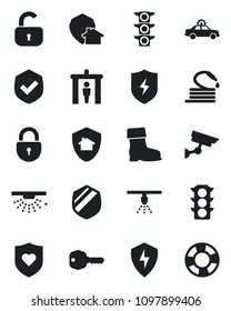 Set of vector isolated black icon - security gate vector, alarm car, lock, boot, hose, heart shield, traffic light, protect, key, home, surveillance, sprinkler, crisis management