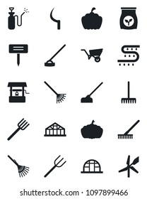 Set of vector isolated black icon - farm fork vector, rake, wheelbarrow, well, hoe, sickle, plant label, pumpkin, greenhouse, garden sprayer, fertilizer, drip irrigation, windmill