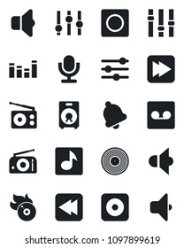 Set of vector isolated black icon - vinyl vector, flame disk, radio, speaker, settings, equalizer, microphone, fast forward, rewind, rec button, tuning, bell, record, music, sound