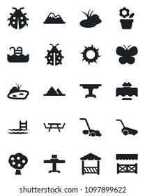 Set of vector isolated black icon - flower in pot vector, lawn mower, butterfly, lady bug, sun, pond, picnic table, pool, fruit tree, mountains, restaurant, alcove