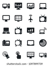 Set of vector isolated black icon - plane radar vector, wireless notebook, pc, statistic monitor, pulse, tv, touch screen, laptop, statistics, intercome