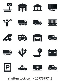Set of vector isolated black icon - dispatcher vector, parking, alarm car, ladder, ambulance, route, railroad, truck trailer, delivery, heavy scales, garage, gate control, battery