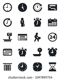 Set of vector isolated black icon - 24 around vector, alarm clock, flight table, calendar, heavy scales, manager, schedule, sand
