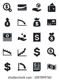 Set of vector isolated black icon - credit card vector, dollar sign, money bag, crisis graph, receipt, wallet, growth, search, investment, cash