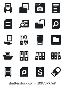 Set of vector isolated black icon - office binder vector, document search, receipt, folder, photo gallery, paper, archive box, usb flash