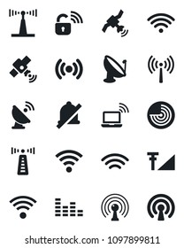 Set of vector isolated black icon - antenna vector, wireless notebook, radar, satellite, equalizer, mute, cellular signal, lock
