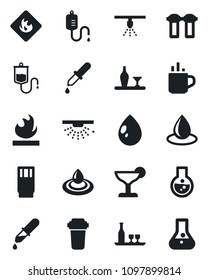 Set of vector isolated black icon - hot cup vector, water drop, dropper, flammable, alcohol, drink, cocktail, filter, sprinkler, flask