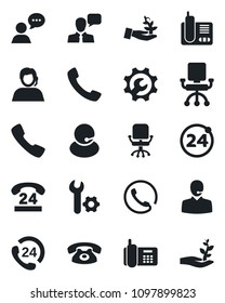 Set of vector isolated black icon - 24 around vector, office chair, phone, hours, support, speaker, radio, call, root setup, palm sproute
