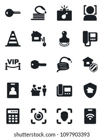 Set of vector isolated black icon - passport control vector, bomb in case, border cone, hose, face id, eye, identity card, stamp, key, estate insurance, vip zone, home, intercome, protect, pass
