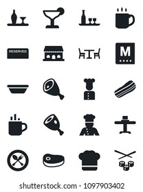 Set of vector isolated black icon - hot cup vector, spoon and fork, cafe, coffee, cook, alcohol, restaurant table, hat, menu, reserved, cocktail, bacon, building, steak, ham, bowl, sushi