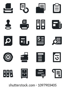 Set of vector isolated black icon - stamp vector, office binder, document search, reload, printer, receipt, folder, news, clipboard, paper, tray, archive box, copier, certificate, contract