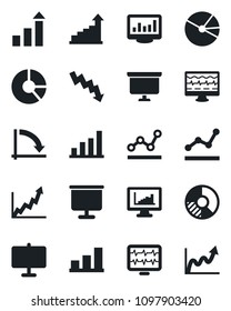Set of vector isolated black icon - growth statistic vector, presentation board, crisis graph, circle chart, monitor pulse, statistics, bar, pie, point