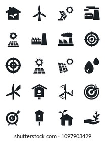 Set of vector isolated black icon - factory vector, bird house, target, sun panel, windmill, eco, water, palm sproute