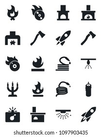 Set of vector isolated black icon - bomb in case vector, fire, hose, axe, fireplace, flammable, flame disk, candle, sprinkler, rocket