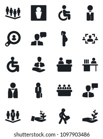 Set of vector isolated black icon - male vector, speaking man, team, meeting, manager place, disabled, pregnancy, client, speaker, hr, desk, company, search, waiter, palm sproute