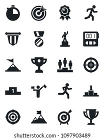 Set of vector isolated black icon - dispatcher vector, pedestal, pennant, medal, run, stopwatch, target, motivation, award cup
