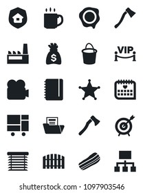 Set of vector isolated black icon - notepad vector, money bag, stamp, bucket, axe, medical calendar, consolidated cargo, video camera, coffee, document folder, fence, factory, estate insurance
