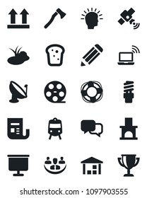 Set of vector isolated black icon - train vector, wireless notebook, pencil, axe, fireplace, pond, up side sign, warehouse, satellite antenna, reel, news, dialog, company, presentation board, bread