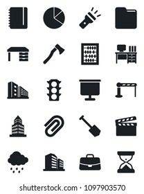 Set of vector isolated black icon - barrier vector, case, abacus, desk, notepad, job, rain, axe, traffic light, clapboard, folder, torch, presentation board, paper clip, office building, pie graph