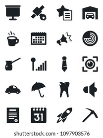 Set of vector isolated black icon - umbrella vector, radar, tie, caries, satellite, car delivery, speaker, favorites list, calendar, cellular signal, coffee, presentation board, contract, garage