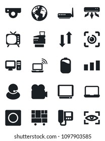 Set of vector isolated black icon - wireless notebook vector, earth, support, consolidated cargo, sorting, tv, video camera, record, data exchange, eye id, battery, pc, copier, air conditioner, web