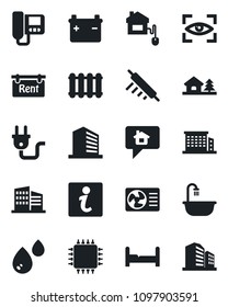 Set of vector isolated black icon - office building vector, house with tree, rent, bedroom, bathroom, rolling pin, home control, chip, power plug, air conditioner, intercome, water, radiator