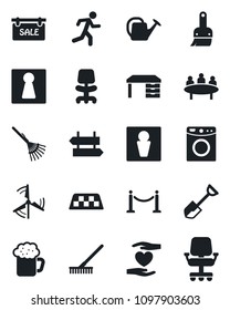 Set of vector isolated black icon - fence vector, taxi, signpost, male, female, office chair, desk, meeting, shovel, rake, watering can, run, heart hand, themes, windmill, sale, beer, washer