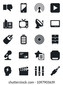 Set of vector isolated black icon - tv vector, brainstorm, satellite antenna, clapboard, vinyl, archive chest, microphone, settings, cell phone, radio, finger down, favorites list, battery, mail