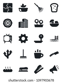 Set of vector isolated black icon - coffee vector, stamp, rake, route, heavy scales, tv, settings, application, office building, stapler, pool, flower in pot, salad, bread, knife, advertising