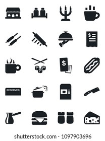 Set of vector isolated black icon - coffee machine vector, reserved, waiter, salt and pepper, cafe building, candle, restaurant receipt, kebab, hamburger, hot dog, rolling pin, knife, steaming pan