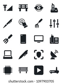 Set of vector isolated black icon - pen vector, garden fork, bench, satellite antenna, touch screen, monitor, radio phone, play button, back, tuning, face id, eye, cellular signal, notebook pc, chip