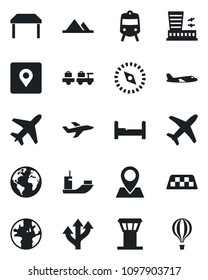 Set of vector isolated black icon - plane vector, airport tower, taxi, train, baggage larry, building, route, earth, pin, sea shipping, place tag, compass, mountains, bedroom, table, air balloon