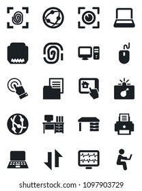 Set of vector isolated black icon - bomb in case vector, mouse, desk, notebook pc, monitor pulse, folder document, network, touch screen, hdmi, data exchange, printer, fingerprint, home control app