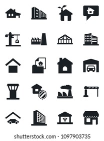 Set of vector isolated black icon - airport tower vector, barrier, office building, factory, house, greenhouse, warehouse storage, with garage, estate document, crane, insurance, eco, gate control