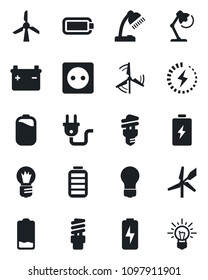 Set of vector isolated black icon - bulb vector, battery, low, charge, desk lamp, windmill, socket, power plug, energy saving, idea