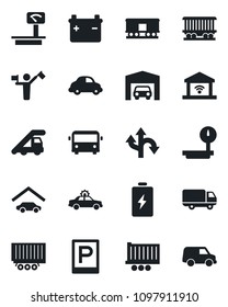 Set of vector isolated black icon - dispatcher vector, airport bus, parking, alarm car, ladder, route, railroad, truck trailer, delivery, heavy scales, garage, gate control, battery