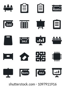Set of vector isolated black icon - fence vector, flight table, presentation board, meeting, clipboard, sale, rooms, sold signboard, smart home, cutting, chip