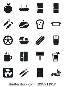 Set of vector isolated black icon - hot cup vector, plant label, diet, fridge, drink, phyto bar, salad, bacon, bread, kebab, dog, apple fruit, fan, palm sproute