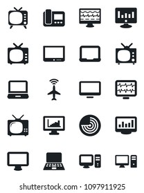 Set of vector isolated black icon - plane radar vector, notebook pc, statistic monitor, pulse, tv, laptop, statistics, intercome