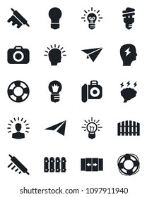 Set of vector isolated black icon - automatic door vector, brainstorm, bulb, camera, fence, rolling pin, energy saving, shining head, idea, paper plane, crisis management