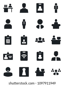 Set of vector isolated black icon - female vector, reception, manager, identity card, place, patient, user, desk, estate agent, pass, group