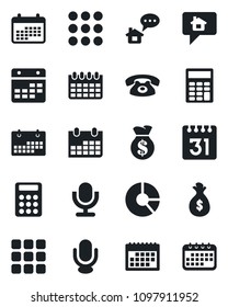 Set of vector isolated black icon - calendar vector, circle chart, microphone, menu, calculator, phone, home message, money bag