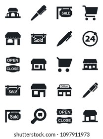 Set of vector isolated black icon - 24 around vector, shop, pen, store, search cargo, sale, sold signboard, cafe building, open close, cart, storefront
