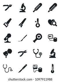 Set of vector isolated black icon - pruner vector, saw, stethoscope, blood pressure, thermometer, heart diagnostic, microscope, scalpel, microphone