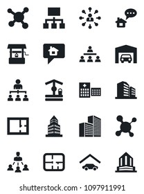 Set of vector isolated black icon - hierarchy vector, well, molecule, hospital, office building, garage, plan, home message