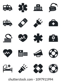 Set of vector isolated black icon - hose vector, heart pulse, doctor case, patch, ambulance star, car, hospital bed, loudspeaker, torch, crisis management